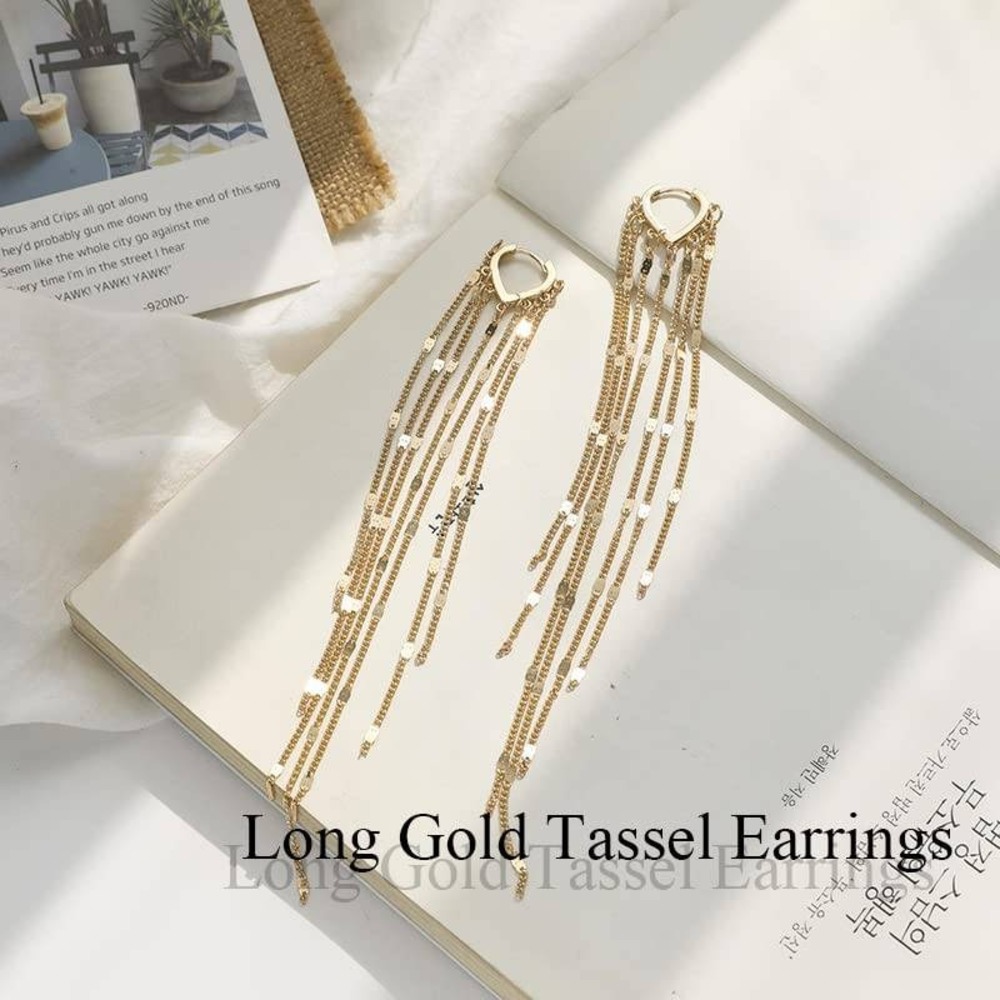 Gold Tassel Drop Earrings Long Satellite Chain Waterfall Shoulder Dusters NEW - Picture 2 of 3